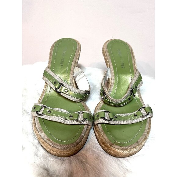 Y2K Vintage Green Leather Wedge Espadrille Sandals w Strap Detail+Studs Size 7.5 - Picture 2 of 6